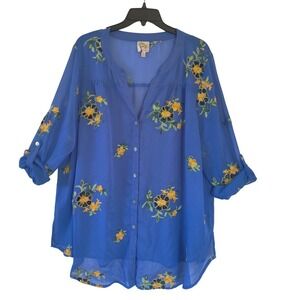 Fig and Flower Blue Floral Embroidered Roll Tab Sleeve Blouse 2X Sheer Top